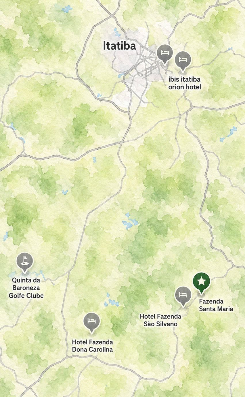 Mapa com a Fazenda Santa Maria e os hotéis da região