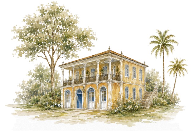 Ilustração em aquarela do casarão da Fazenda Santa Maria